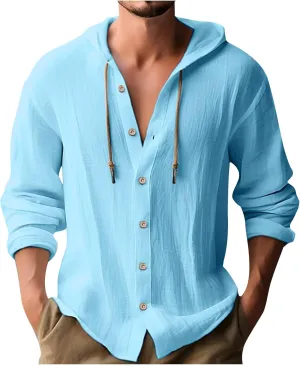 Mens Cotton Linen Shirts Fashion Casual Solid Color Button Tops Loose Fit Drawstring Long Sleeve with Hooded Blouse