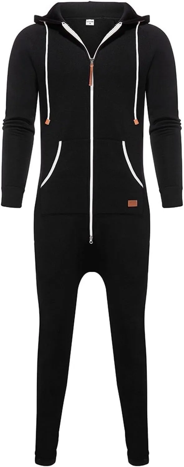 Men's Fleece Sweatshirts Hooded Zipper Jumpsuit Solid Color Matching Casual Suit Jumpsuit with Pocket