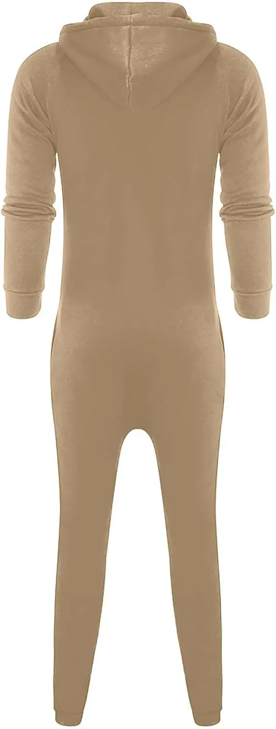 Men's Fleece Sweatshirts Hooded Zipper Jumpsuit Solid Color Matching Casual Suit Jumpsuit with Pocket
