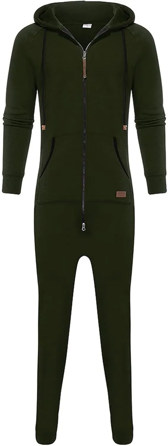 Men's Fleece Sweatshirts Hooded Zipper Jumpsuit Solid Color Matching Casual Suit Jumpsuit with Pocket