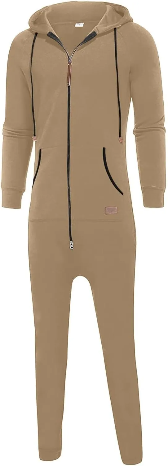 Men's Fleece Sweatshirts Hooded Zipper Jumpsuit Solid Color Matching Casual Suit Jumpsuit with Pocket