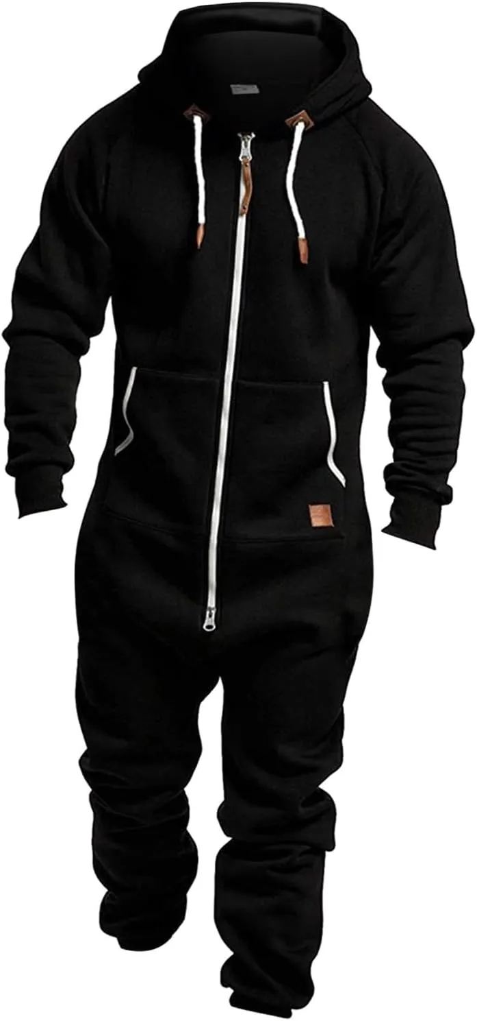 Men's Fleece Sweatshirts Hooded Zipper Jumpsuit Solid Color Matching Casual Suit Jumpsuit with Pocket