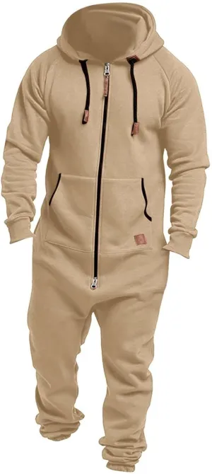Men's Fleece Sweatshirts Hooded Zipper Jumpsuit Solid Color Matching Casual Suit Jumpsuit with Pocket