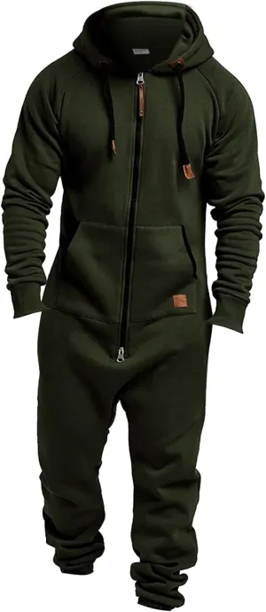 Men's Fleece Sweatshirts Hooded Zipper Jumpsuit Solid Color Matching Casual Suit Jumpsuit with Pocket
