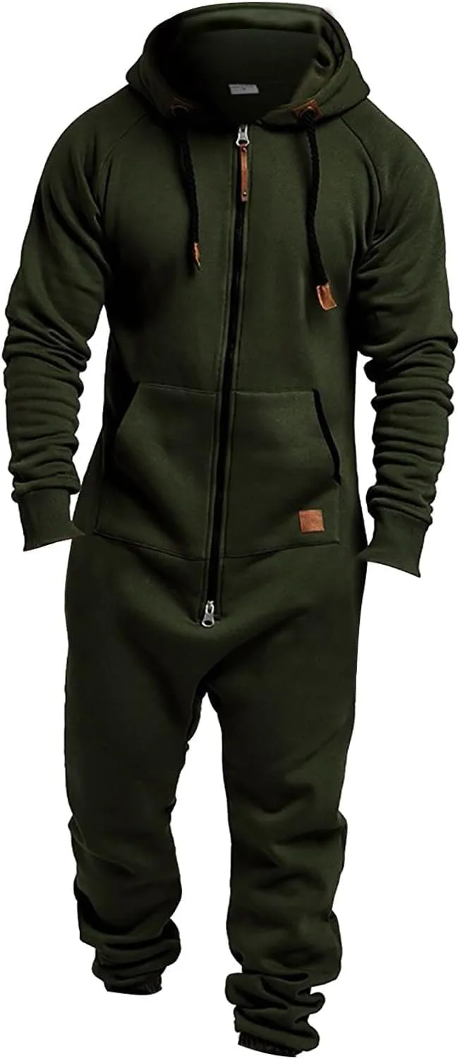 Men's Fleece Sweatshirts Hooded Zipper Jumpsuit Solid Color Matching Casual Suit Jumpsuit with Pocket