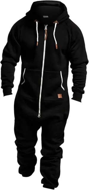 Men's Fleece Sweatshirts Hooded Zipper Jumpsuit Solid Color Matching Casual Suit Jumpsuit with Pocket