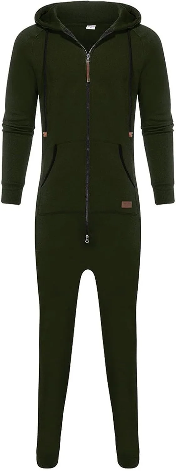 Men's Fleece Sweatshirts Hooded Zipper Jumpsuit Solid Color Matching Casual Suit Jumpsuit with Pocket