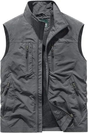 Men's Full Zip Sleeveless Quick Dry Jacket Casual Outdoor Vest Outerwear Multi Pockets Fishing Vests for Sport Golf