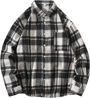 Mens Lapel Shirts Fashion Plaid Print Button Down Shirts Teen Loose Cotton Long Sleeve Blouse Fall Flannel Shirt Tops