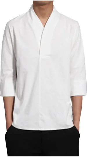 Men's Linen 3/4 Sleeve Shirts V Neck T-Shirt Summer Lightweight Breathable Thin Pullover Casual Loose Tops