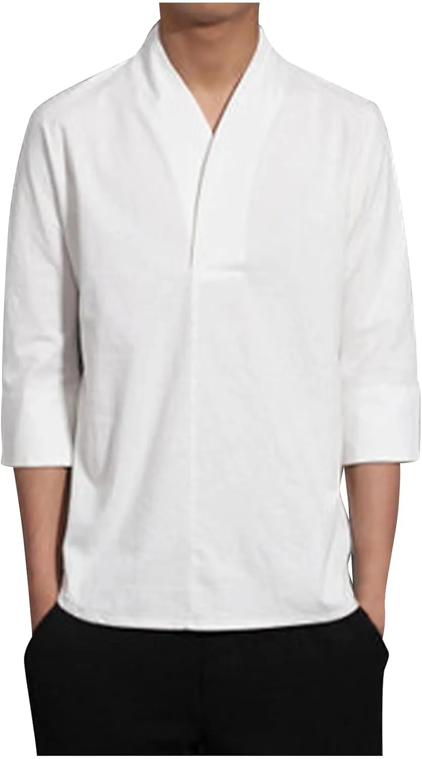 Men's Linen 3/4 Sleeve Shirts V Neck T-Shirt Summer Lightweight Breathable Thin Pullover Casual Loose Tops