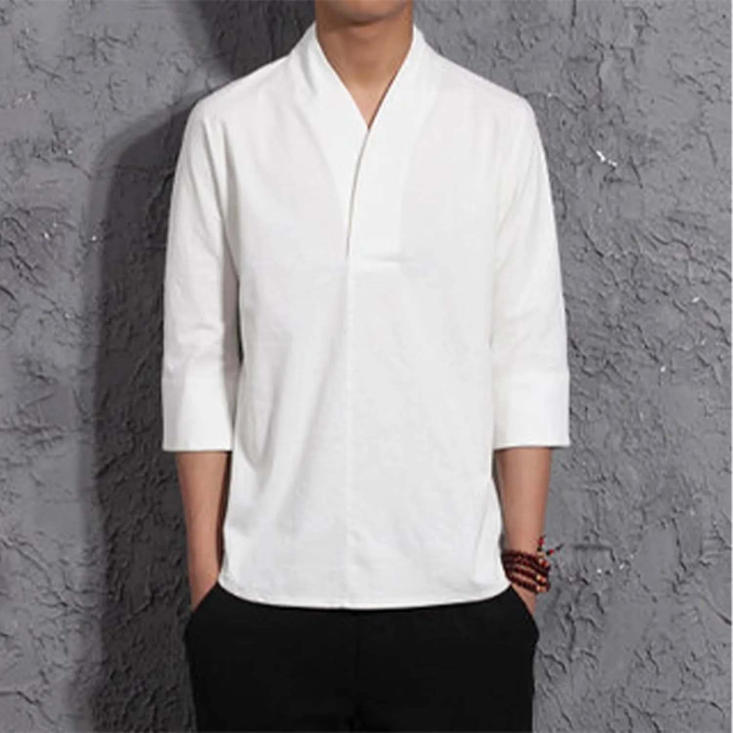 Men's Linen 3/4 Sleeve Shirts V Neck T-Shirt Summer Lightweight Breathable Thin Pullover Casual Loose Tops