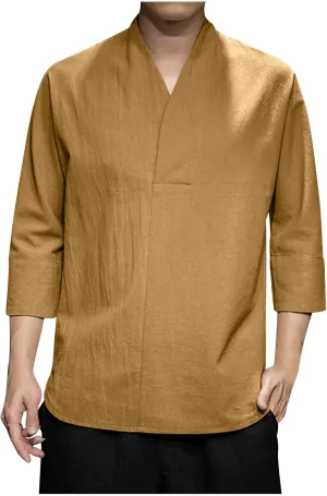 Men's Linen 3/4 Sleeve Shirts V Neck T-Shirt Summer Lightweight Breathable Thin Pullover Casual Loose Tops