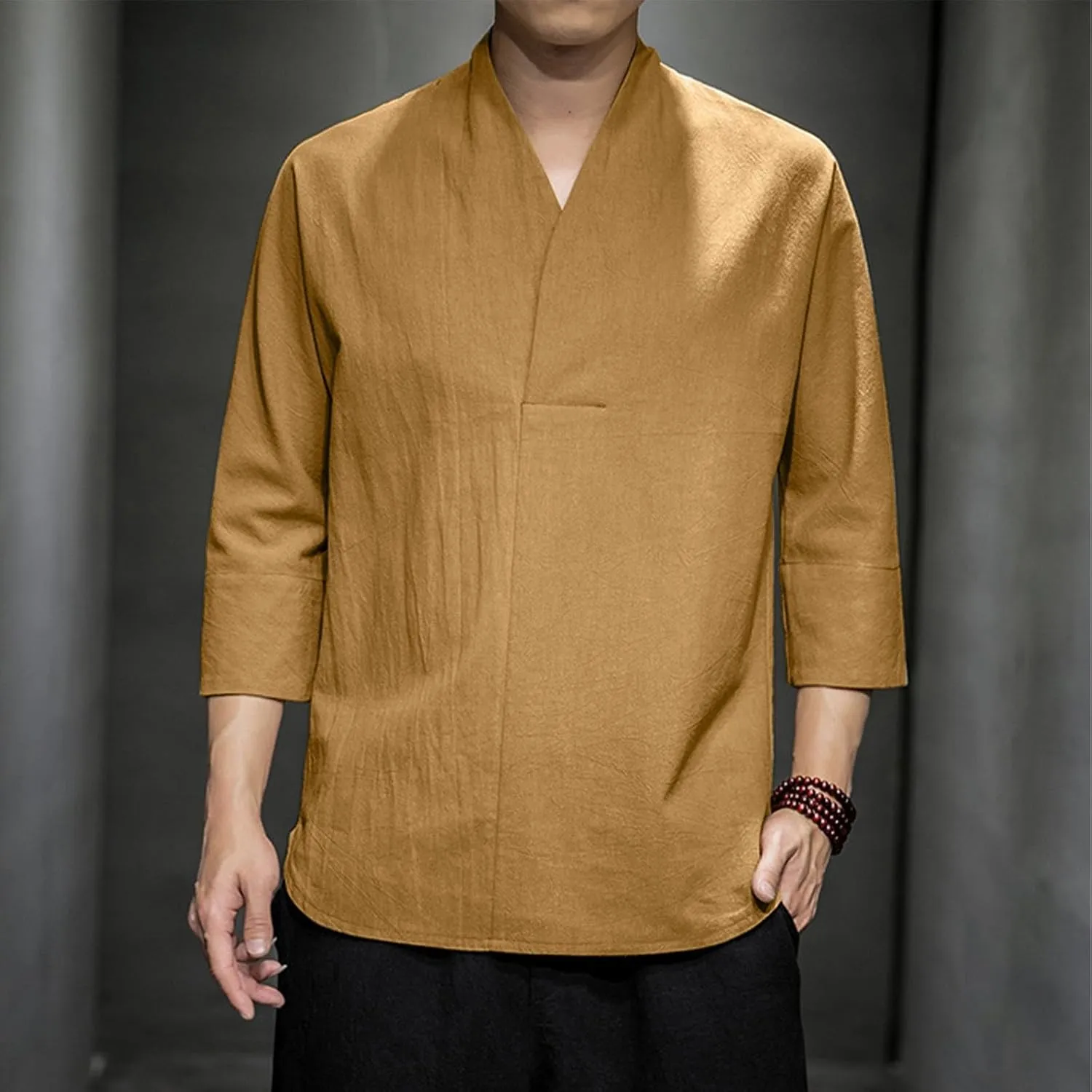 Men's Linen 3/4 Sleeve Shirts V Neck T-Shirt Summer Lightweight Breathable Thin Pullover Casual Loose Tops