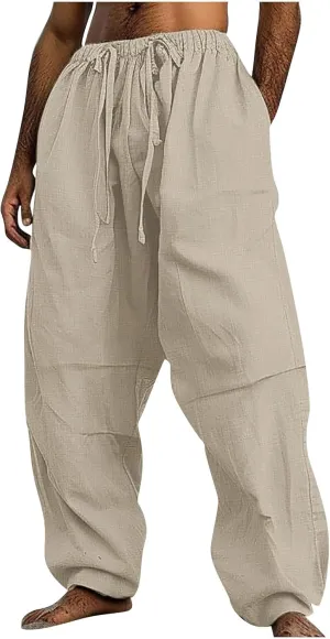 Mens Linen Harem Drawstring Pants Casual Elastic Waist Lightweight Trouser Hippie Loose Wide Leg Pants with Pocket