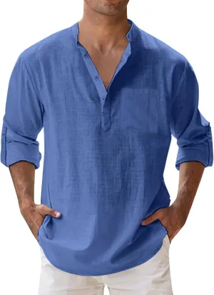 Men's Linen Shirts Button Down Casual Summer Long Sleeve Stand Henley T-Shirt Solid Hawaii Beach Wedding Tops with Pocket