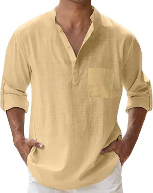 Men's Linen Shirts Button Down Casual Summer Long Sleeve Stand Henley T-Shirt Solid Hawaii Beach Wedding Tops with Pocket