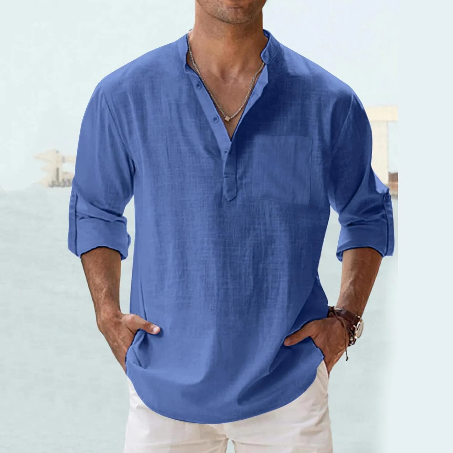 Men's Linen Shirts Button Down Casual Summer Long Sleeve Stand Henley T-Shirt Solid Hawaii Beach Wedding Tops with Pocket