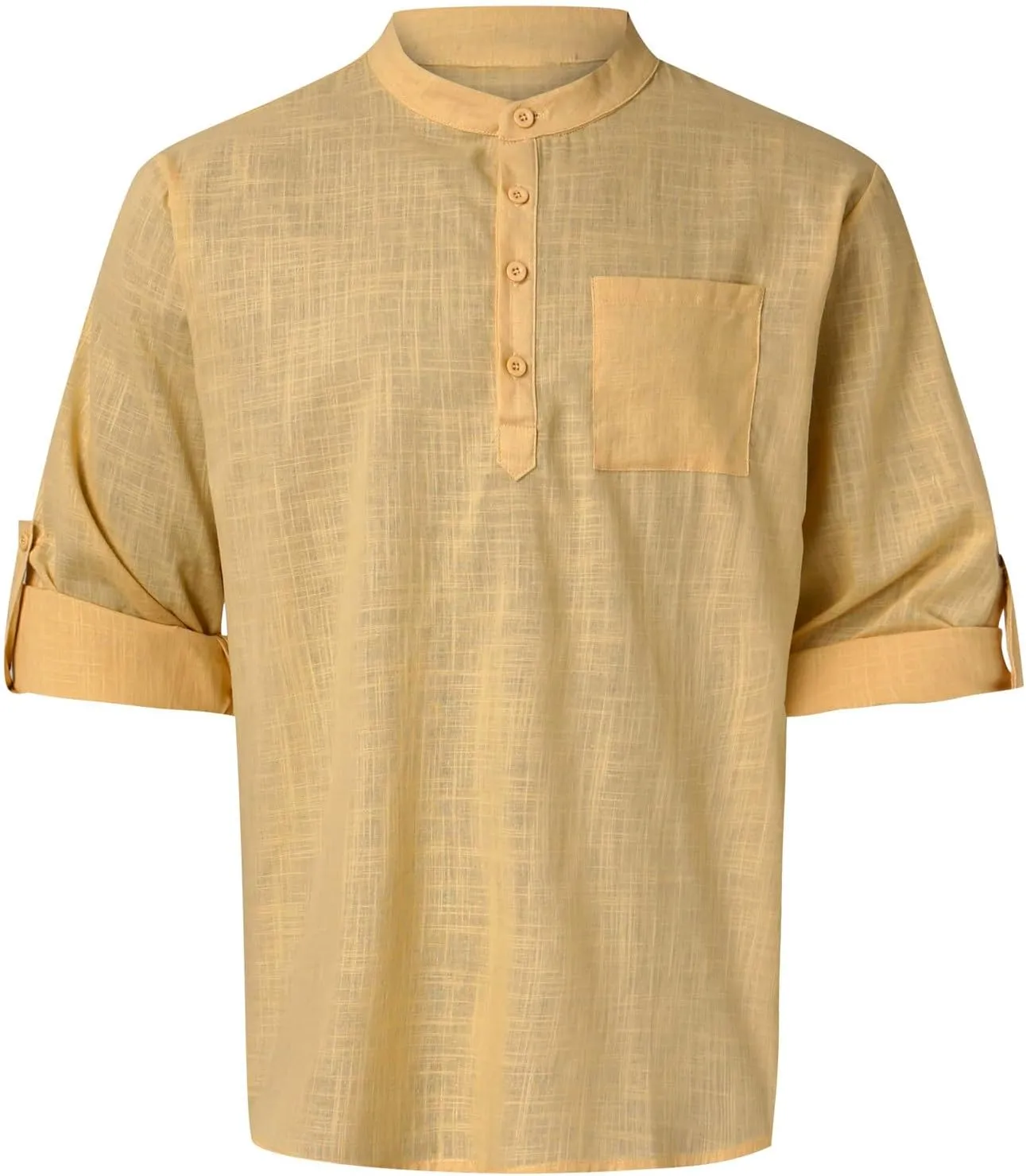 Men's Linen Shirts Button Down Casual Summer Long Sleeve Stand Henley T-Shirt Solid Hawaii Beach Wedding Tops with Pocket