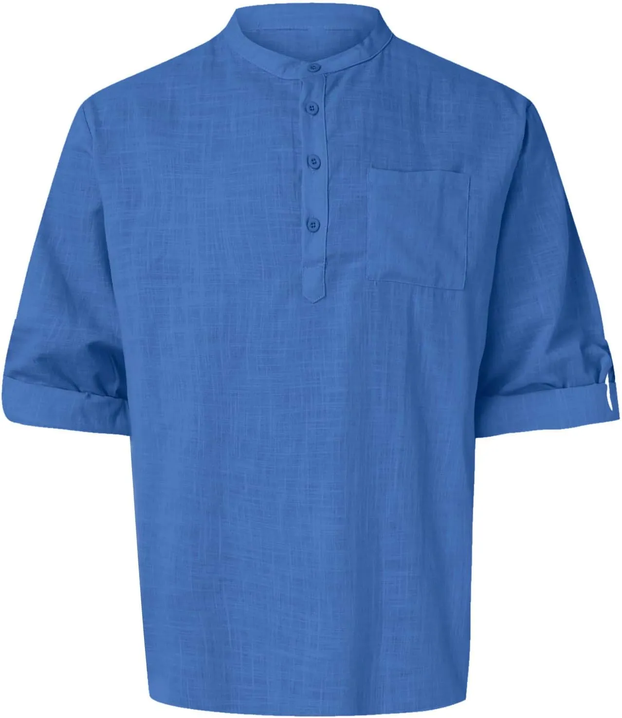 Men's Linen Shirts Button Down Casual Summer Long Sleeve Stand Henley T-Shirt Solid Hawaii Beach Wedding Tops with Pocket