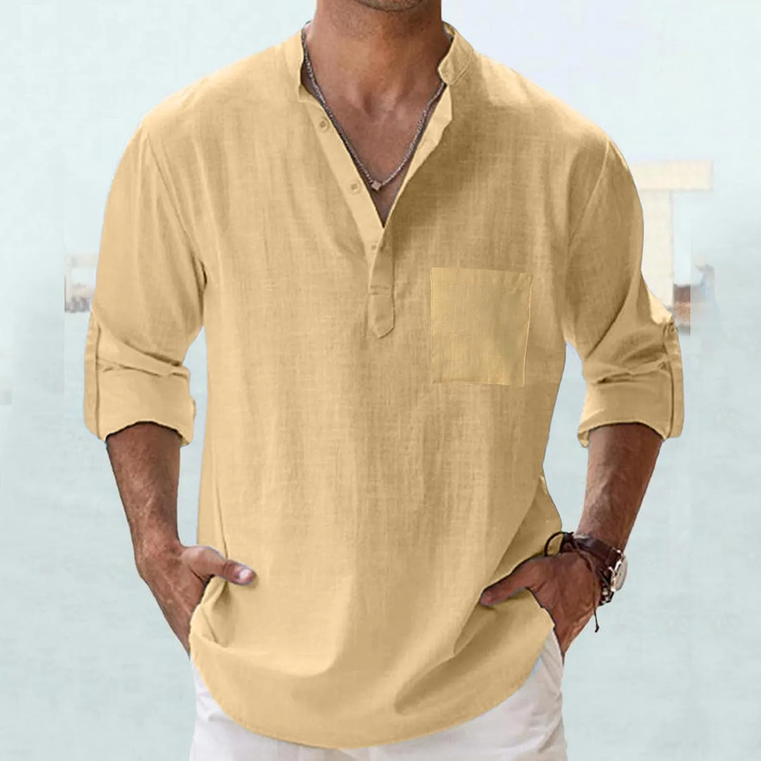 Men's Linen Shirts Button Down Casual Summer Long Sleeve Stand Henley T-Shirt Solid Hawaii Beach Wedding Tops with Pocket
