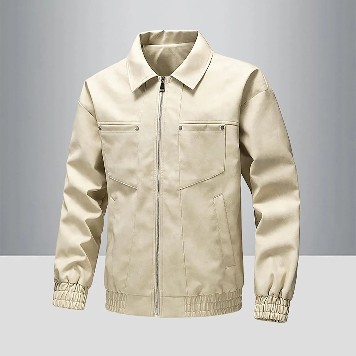 Men's PU Leather Classic Zip Up Jacket Motorcycle Vintage Racing Varsity Jacket Vintage Trucker Coat with 4 Pockets
