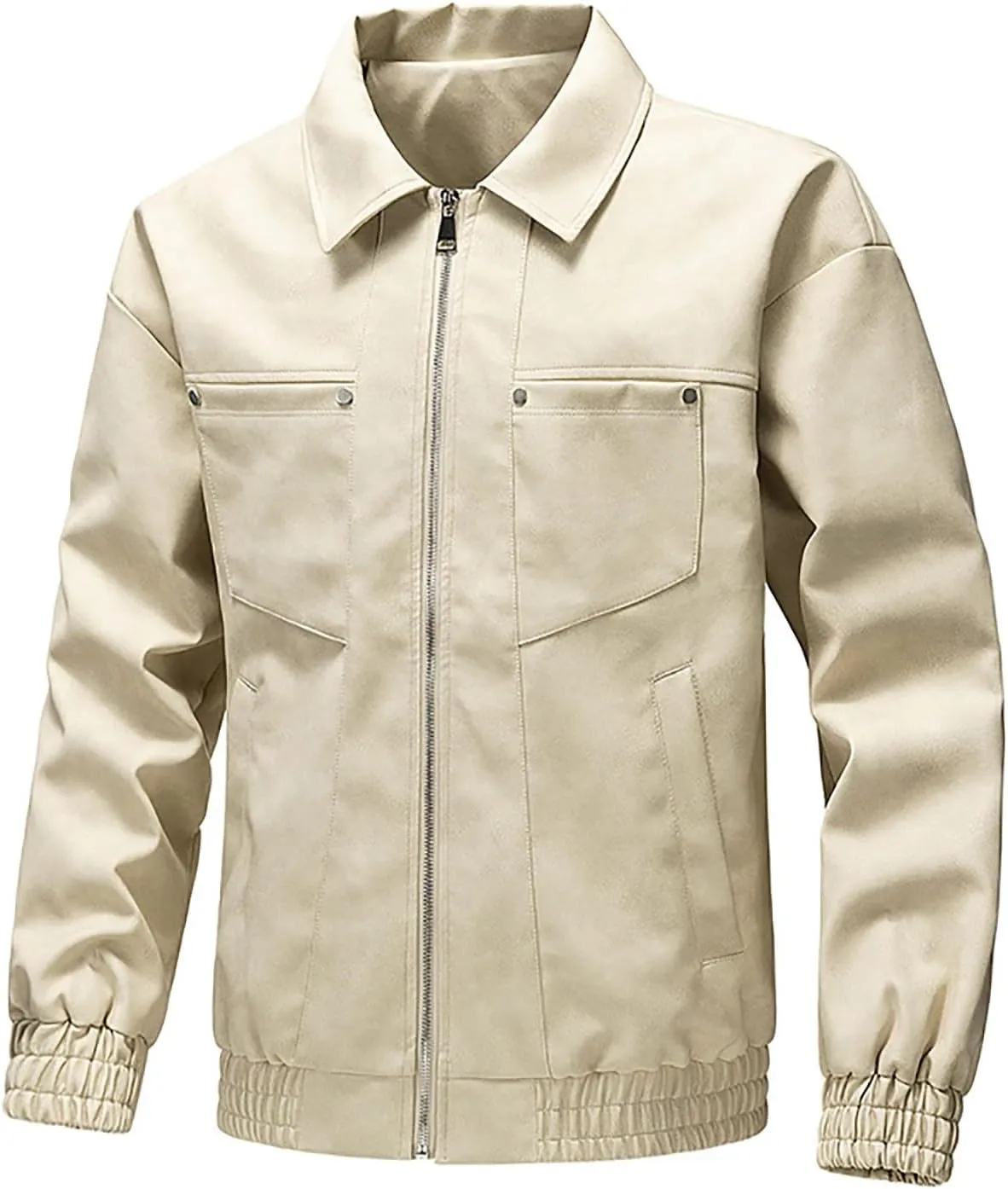 Men's PU Leather Classic Zip Up Jacket Motorcycle Vintage Racing Varsity Jacket Vintage Trucker Coat with 4 Pockets
