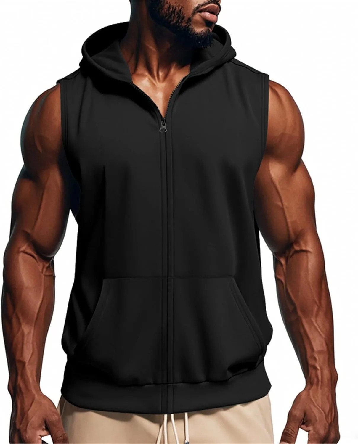 Mens Sleeveless Hooded Tank Tops Workout Zip Up Gym Fitness Training Shirts Muscle Cut Off T Shirt Bodybuilding Vests