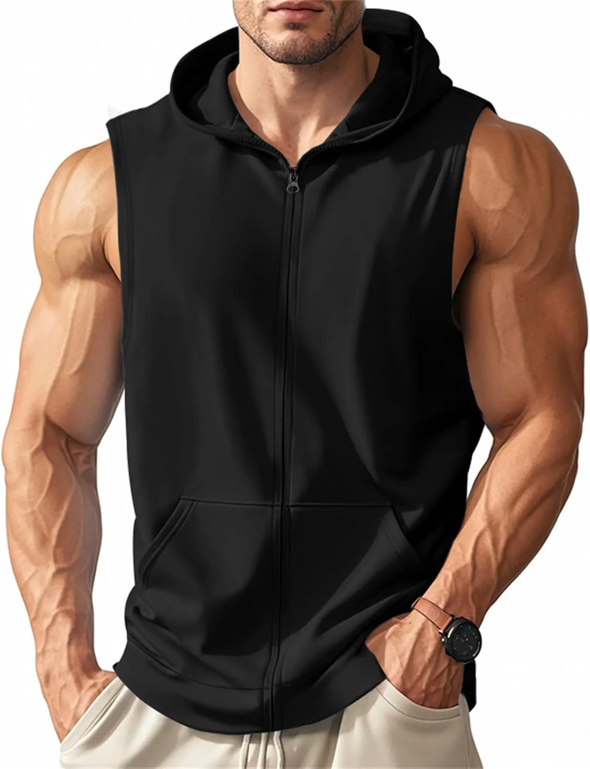 Mens Sleeveless Hooded Tank Tops Workout Zip Up Gym Fitness Training Shirts Muscle Cut Off T Shirt Bodybuilding Vests