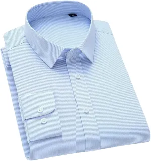 Men's Slim Fit Anti-Wrinkle Long Sleeve Stripe Social Shirt White Non-Iron Top
