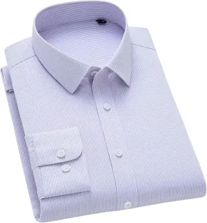 Men's Slim Fit Anti-Wrinkle Long Sleeve Stripe Social Shirt White Non-Iron Top