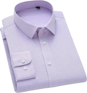 Men's Slim Fit Anti-Wrinkle Long Sleeve Stripe Social Shirt White Non-Iron Top