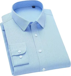 Men's Slim Fit Anti-Wrinkle Long Sleeve Stripe Social Shirt White Non-Iron Top