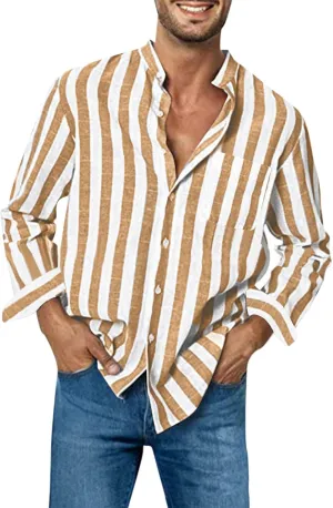 Mens T-Shirts Band Collar Striped Color Block Casual Button Shirt Tops Long Sleeve Trendy Cardigan Shirts with Pocket