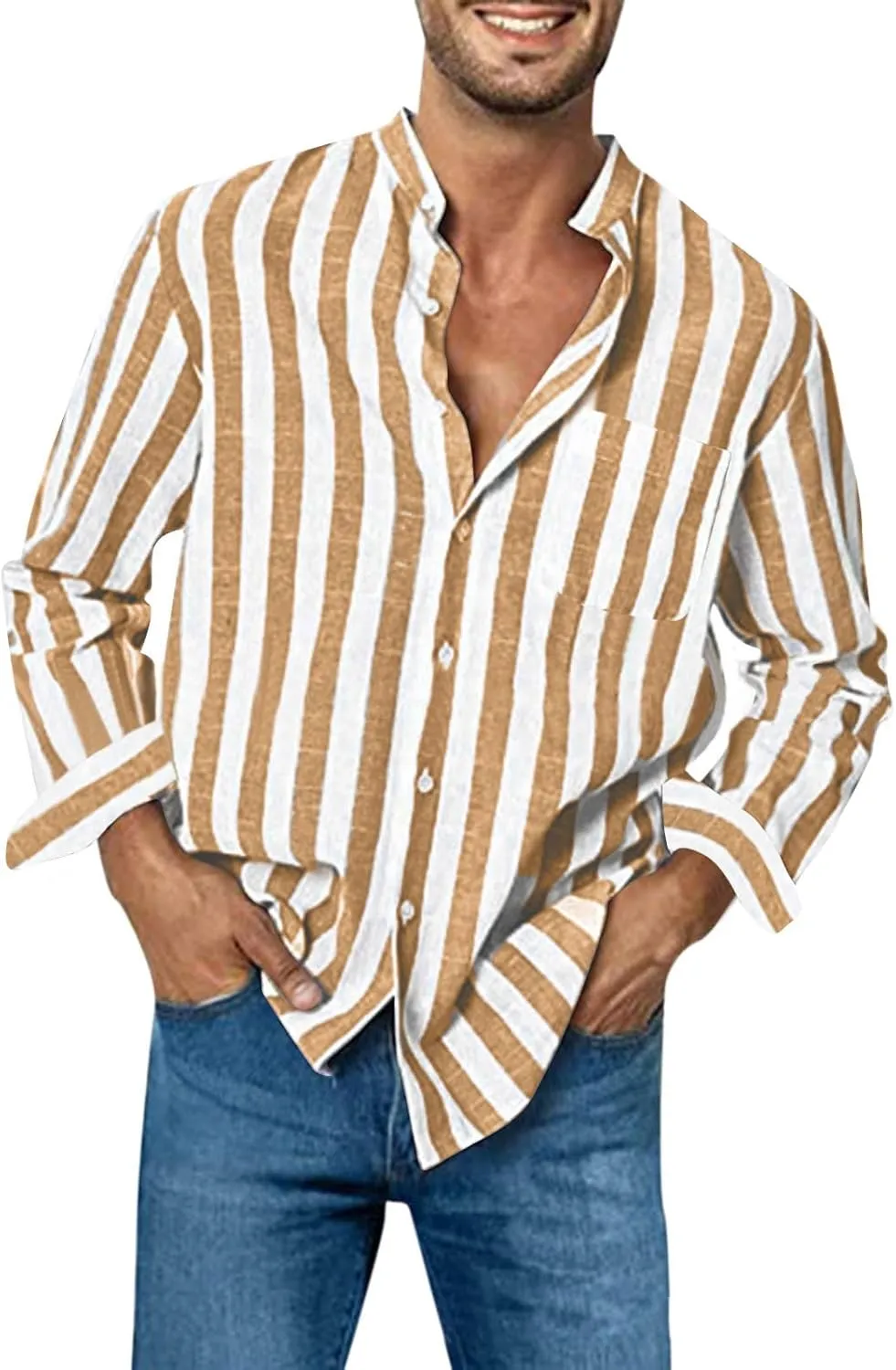 Mens T-Shirts Band Collar Striped Color Block Casual Button Shirt Tops Long Sleeve Trendy Cardigan Shirts with Pocket