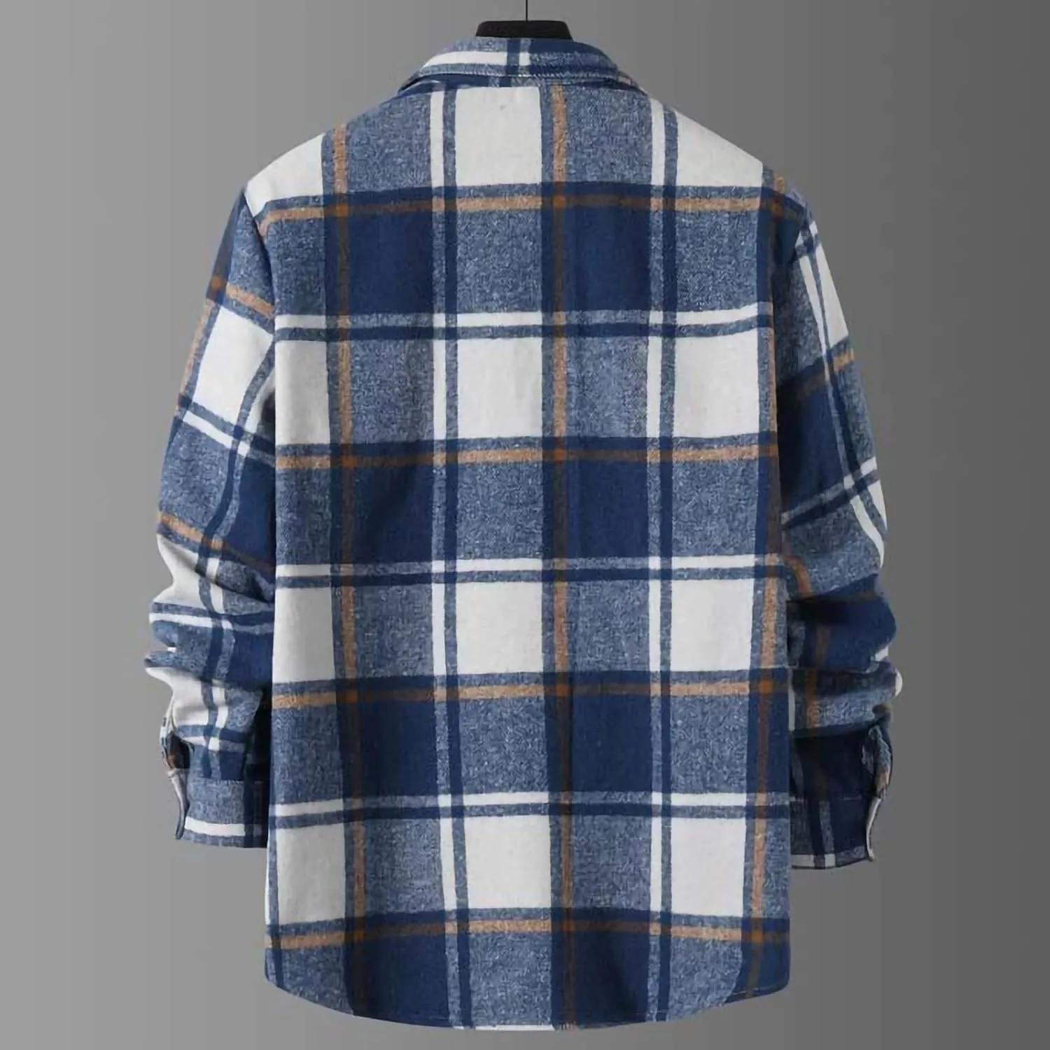 Mens Thickened Brushed Shirt Fashion Plaid Printed Button Down Blouse Top Lapel Long Sleeve Loose Cardigan Jacket