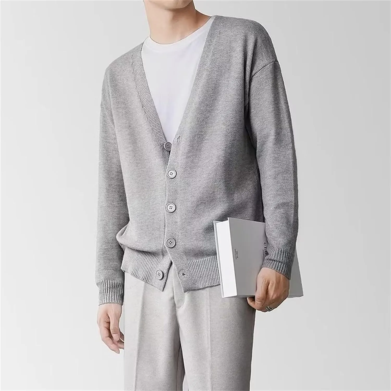 Men's V-Neck Knitted Jacket Lightweight Knit Button Down Male Sweaters Slim Long Sleeve Knits Cardigans