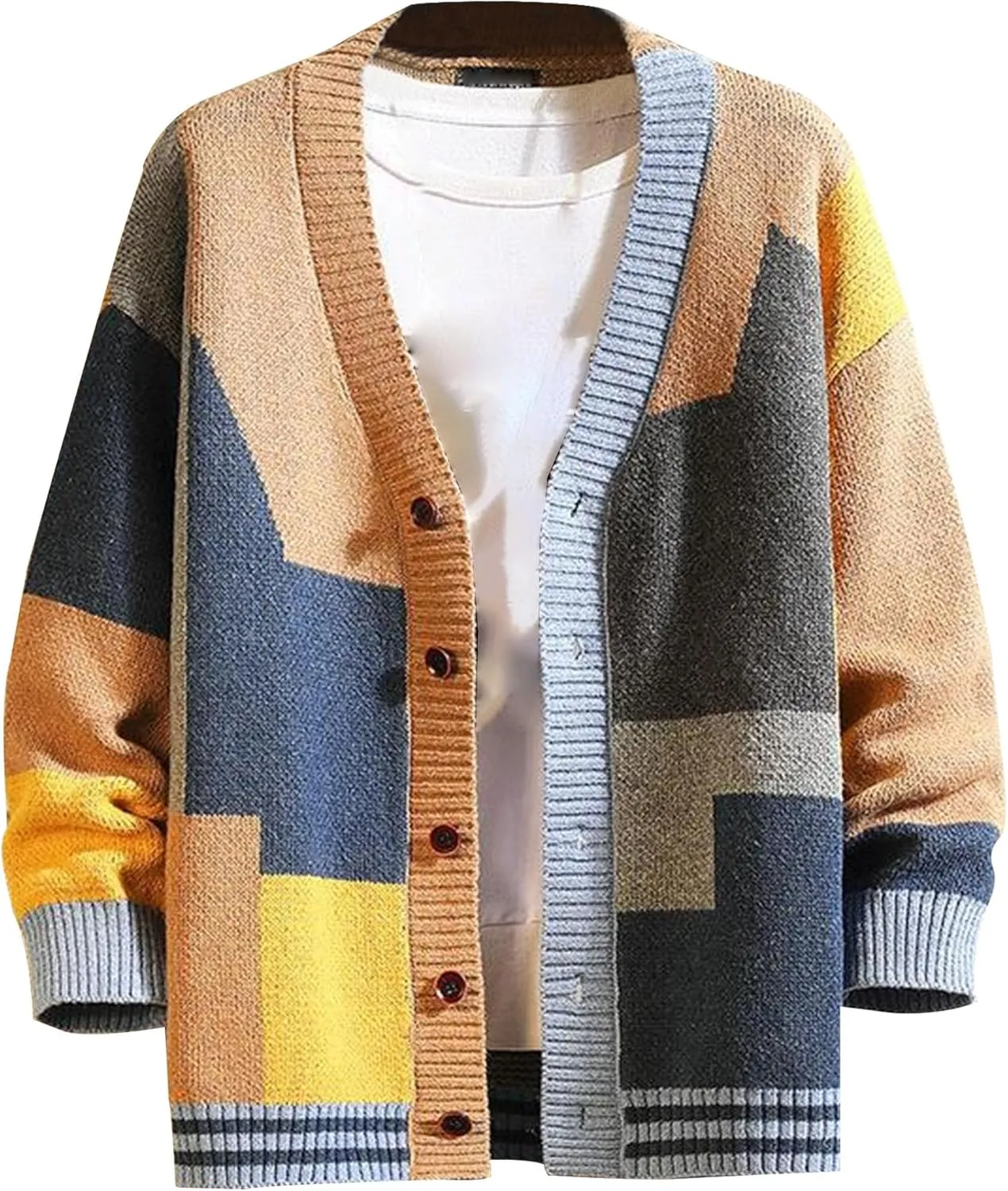 Men's V-Neck Knitted Jacket Loose Fit Color Block Men Knit Jackets Button Design Knits Cardigan Coat