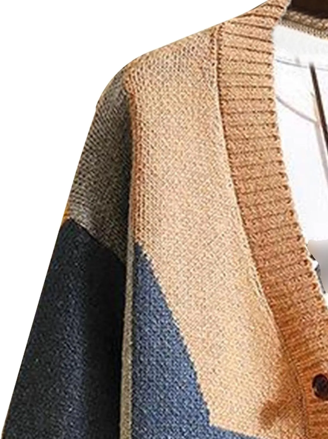 Men's V-Neck Knitted Jacket Loose Fit Color Block Men Knit Jackets Button Design Knits Cardigan Coat
