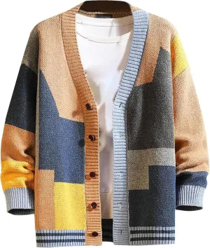 Men's V-Neck Knitted Jacket Loose Fit Color Block Men Knit Jackets Button Design Knits Cardigan Coat