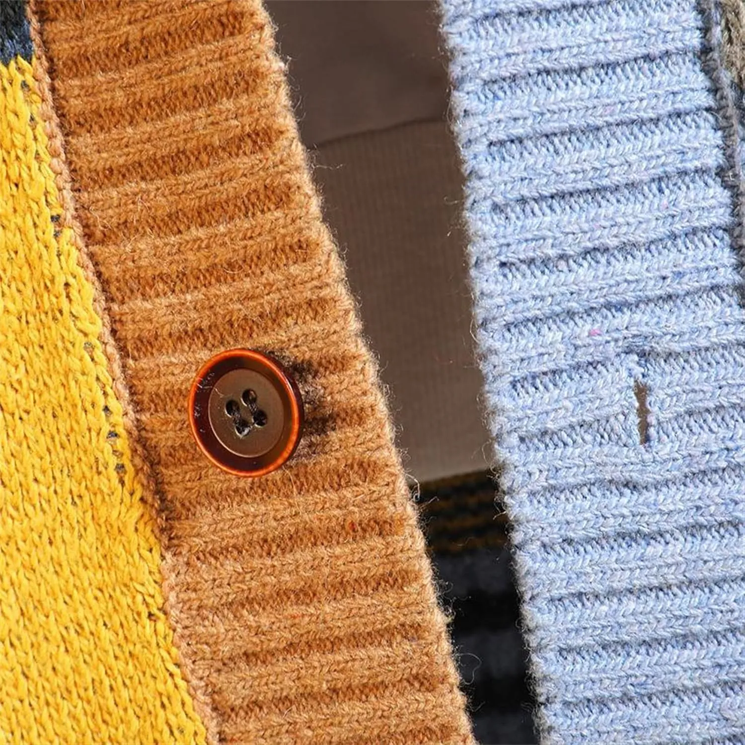 Men's V-Neck Knitted Jacket Loose Fit Color Block Men Knit Jackets Button Design Knits Cardigan Coat