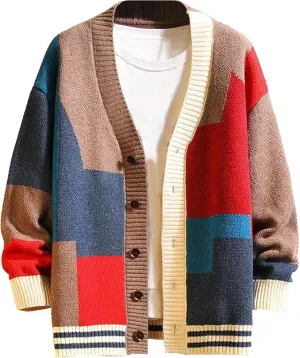 Men's V-Neck Knitted Jacket Loose Fit Color Block Men Knit Jackets Button Design Knits Cardigan Coat