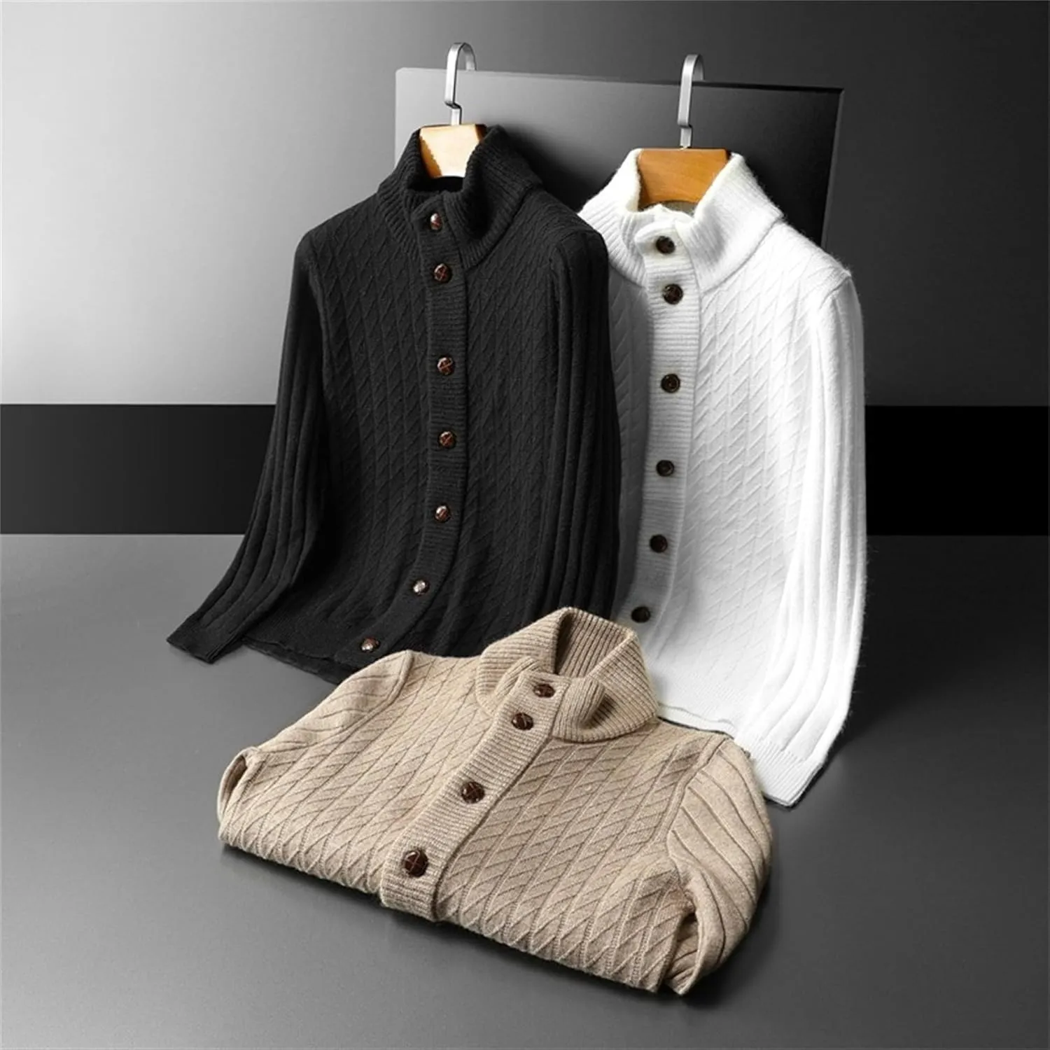 Men's Warm Loose Knitted Jacket Casual Button Down Men Knit Sweaters Coat Lightweight Stand Collar Knits Cardigan