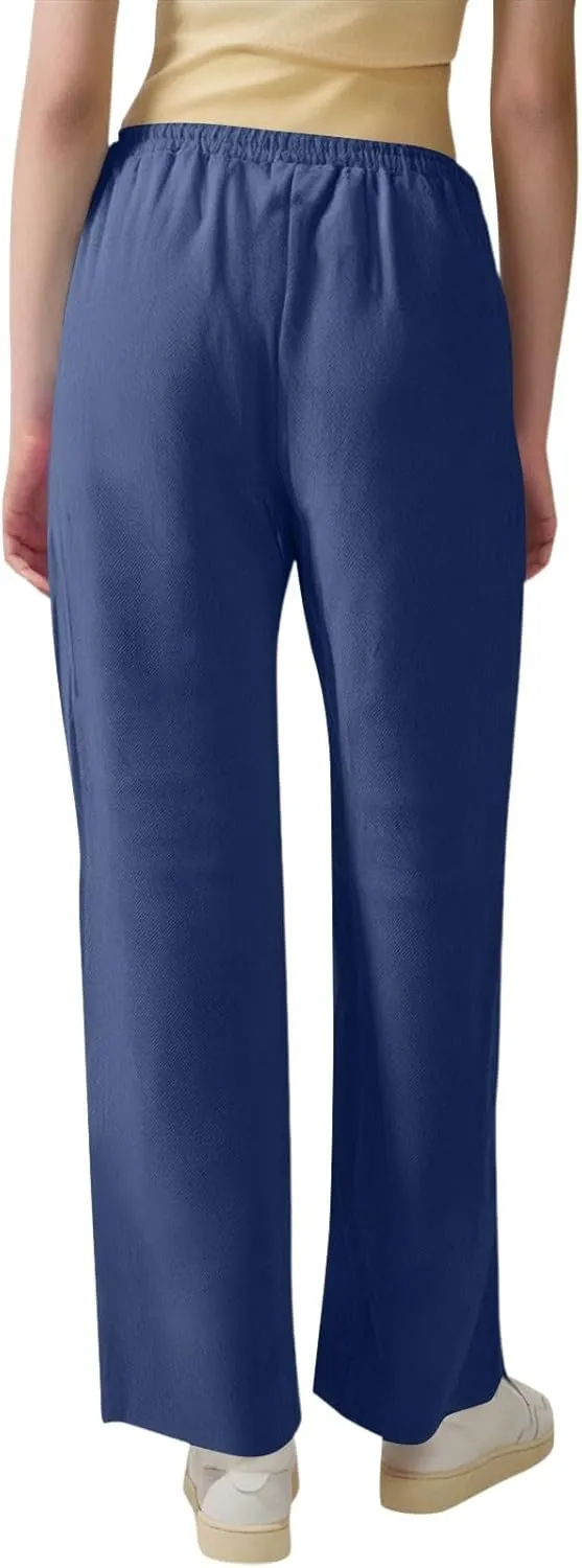 midelxp Cotton Linen Pants Women Summer Lightweight Drawstring Waist Lounge Pants Straight Leg Slim Fit Comfy Work Trousers