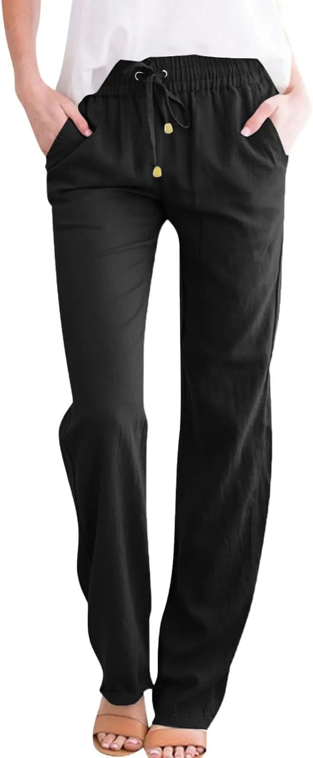 midelxp Cotton Linen Pants Women Summer Lightweight Drawstring Waist Lounge Pants Straight Leg Slim Fit Comfy Work Trousers