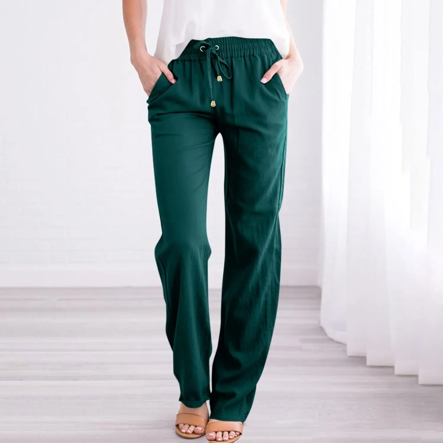 midelxp Cotton Linen Pants Women Summer Lightweight Drawstring Waist Lounge Pants Straight Leg Slim Fit Comfy Work Trousers