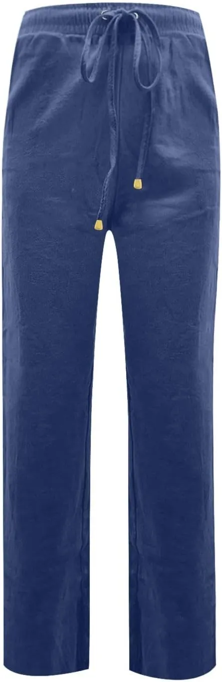 midelxp Cotton Linen Pants Women Summer Lightweight Drawstring Waist Lounge Pants Straight Leg Slim Fit Comfy Work Trousers