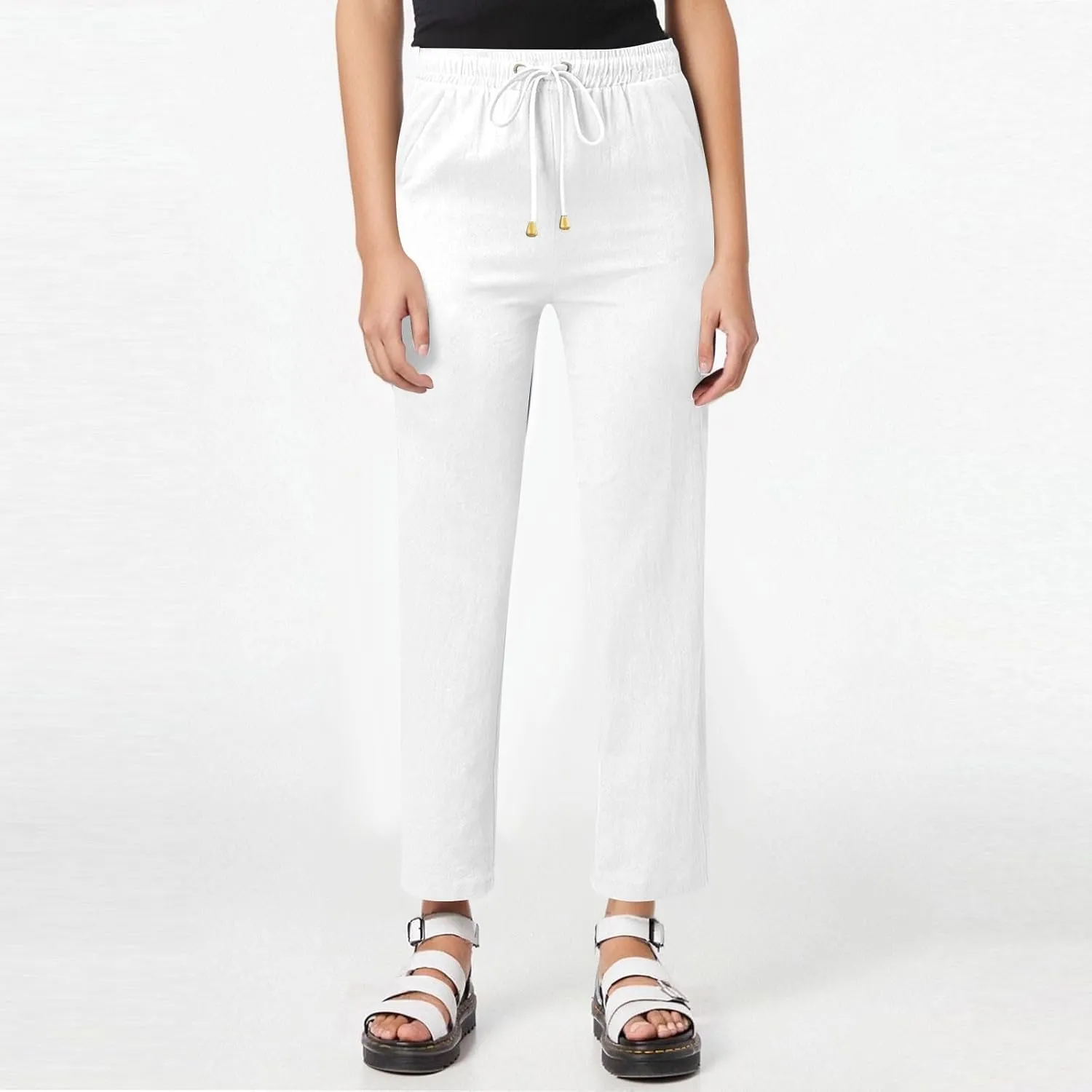 midelxp Cotton Linen Pants Women Summer Lightweight Drawstring Waist Lounge Pants Straight Leg Slim Fit Comfy Work Trousers