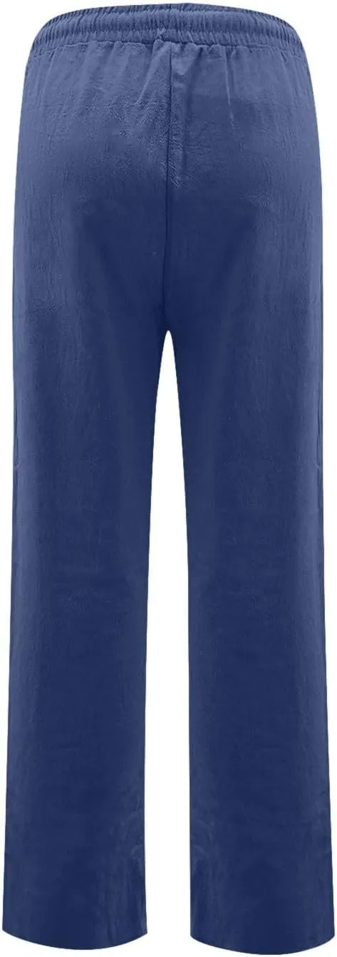 midelxp Cotton Linen Pants Women Summer Lightweight Drawstring Waist Lounge Pants Straight Leg Slim Fit Comfy Work Trousers