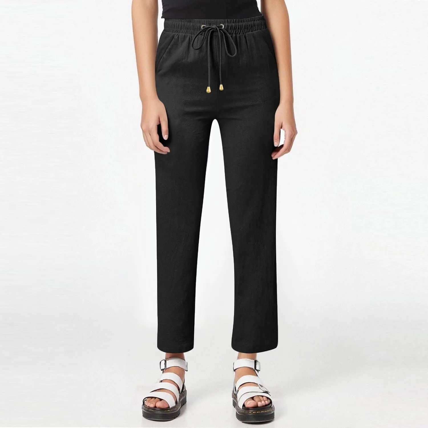 midelxp Cotton Linen Pants Women Summer Lightweight Drawstring Waist Lounge Pants Straight Leg Slim Fit Comfy Work Trousers